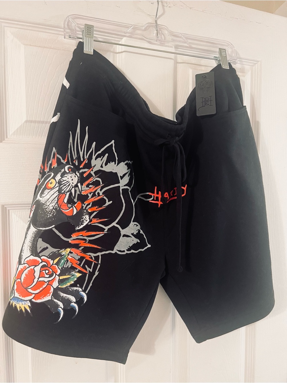 Ed Hardy Black Graphic Tiger Rose Drawstring Shorts JR XL